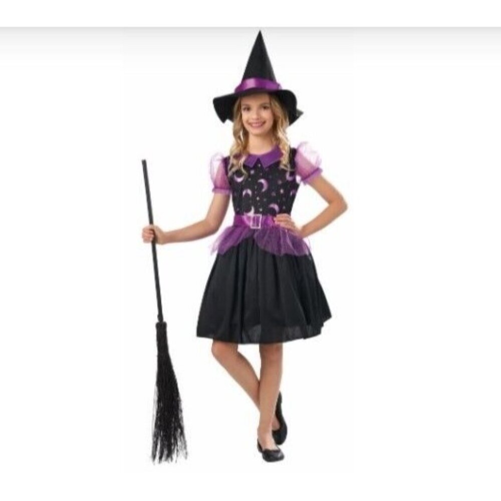 NEW Enchanted Witch Halloween Costume Girls Medium 8-10 Black Purple Dress Hat